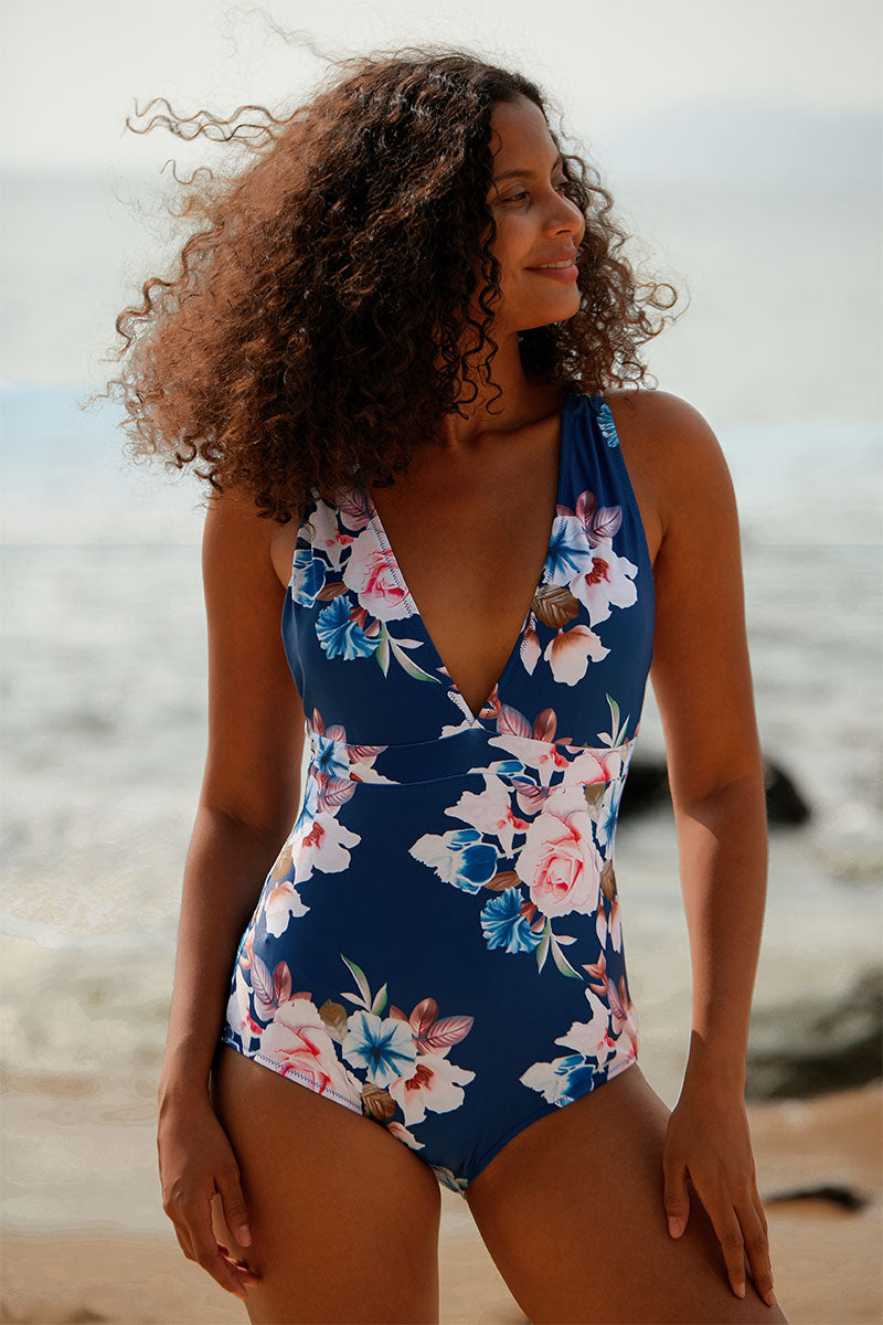 Revneu  Blue Floral Strappy One-Piece Swimsuit