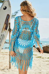 Revneu Blue Tassels Hollow-Out Feminine Knitted Beachwear
