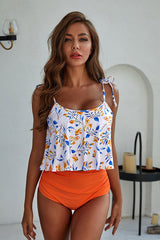 Floral Print Sweet Ruffle High Waisted Tie Shoulder Tankini