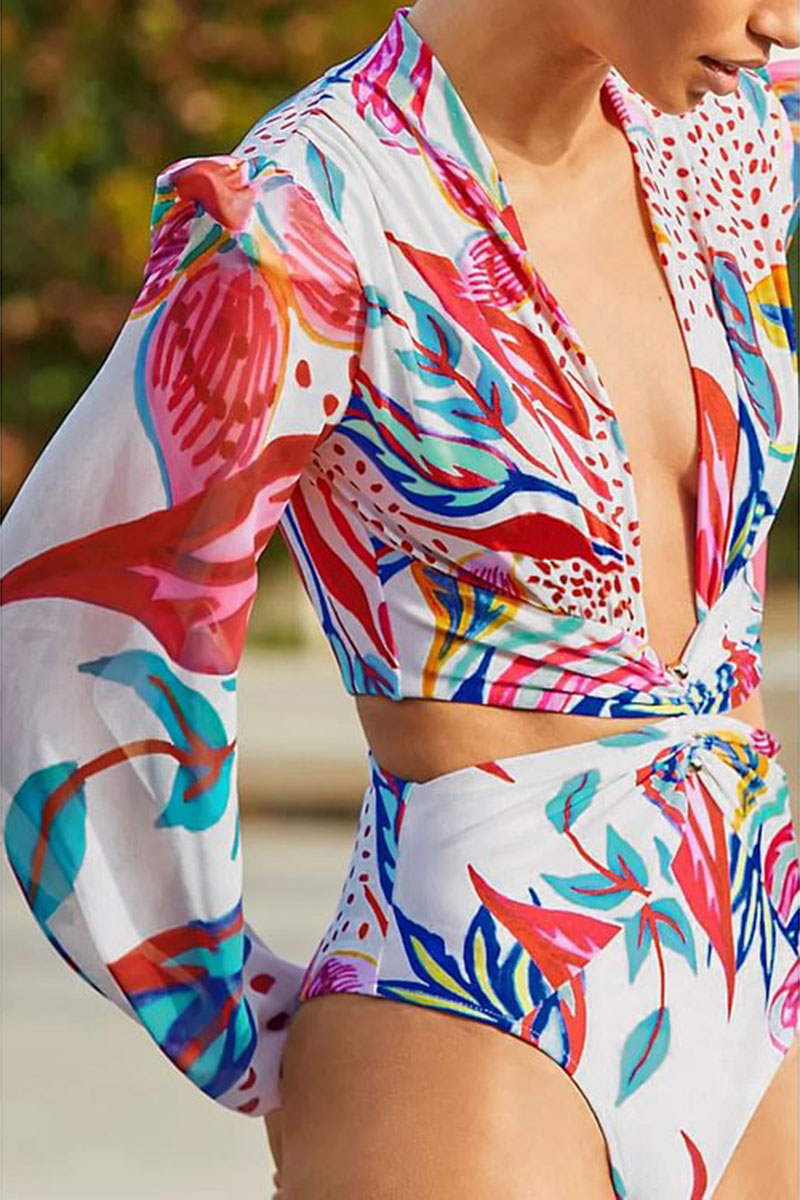 Floral Print Colorful Long Sleeve Cutout One Piece Swimwear