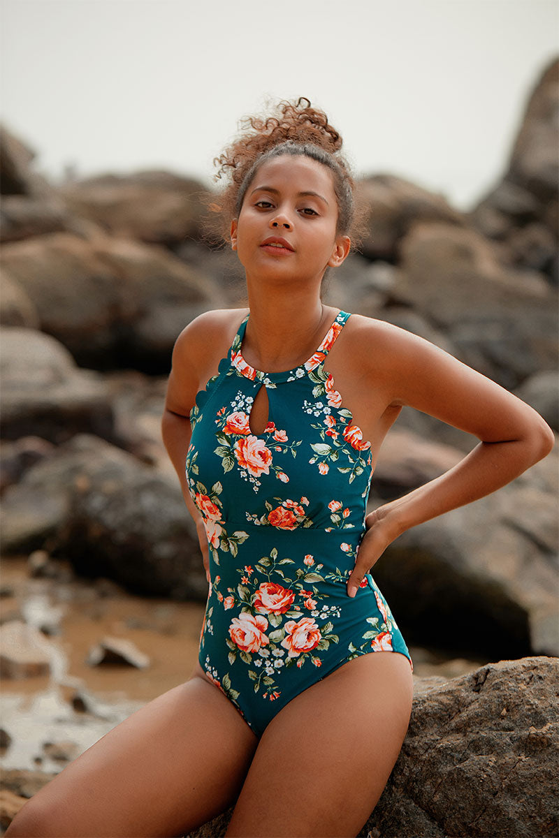 Revneu  Teal Floral Scalloped One-Piece Swimsuit