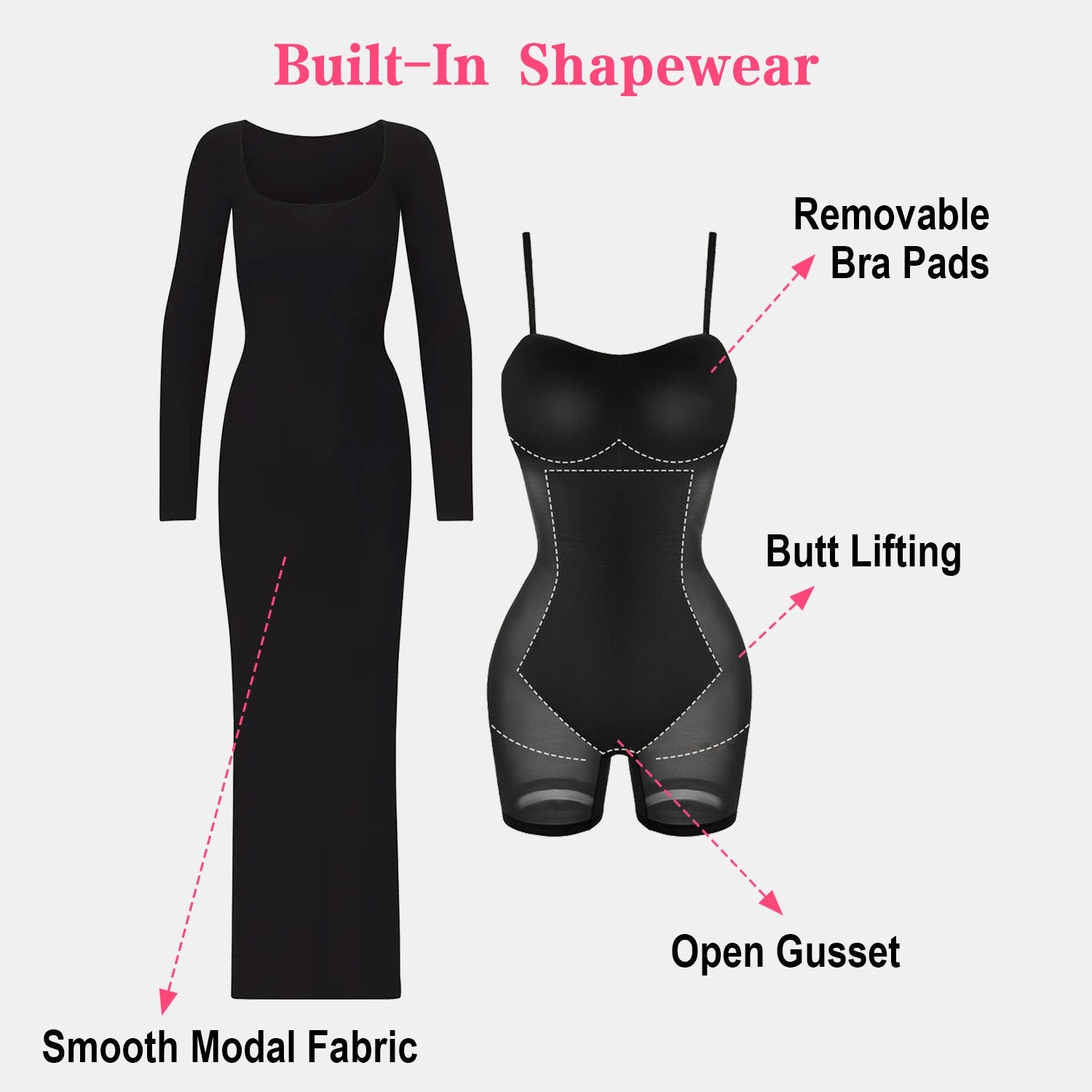 Built-In Shaper Long Sleeve Square Neck Maxi Dress