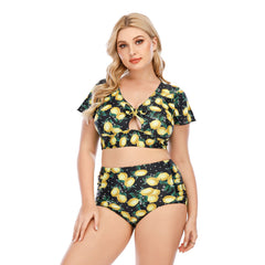 SiySiy Plus Size Two Piece Short Sleeve Swimsuit Green Fruit Pattern Swimsuit