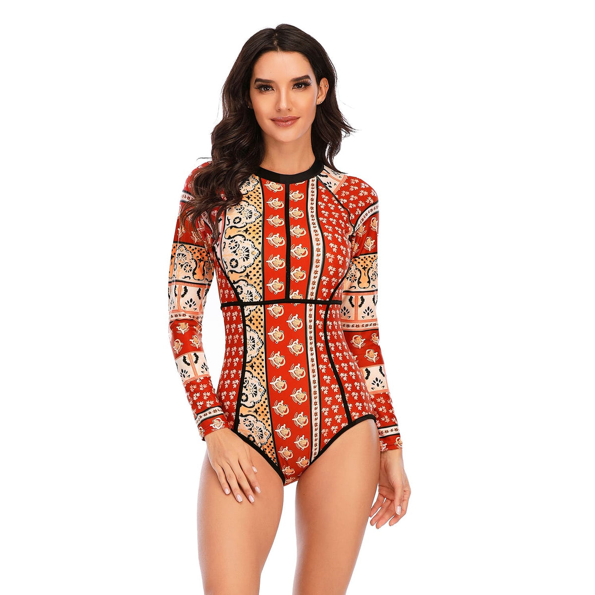 Long Sleeve Swimsuit Retro Printed One Piece Bathing Suit