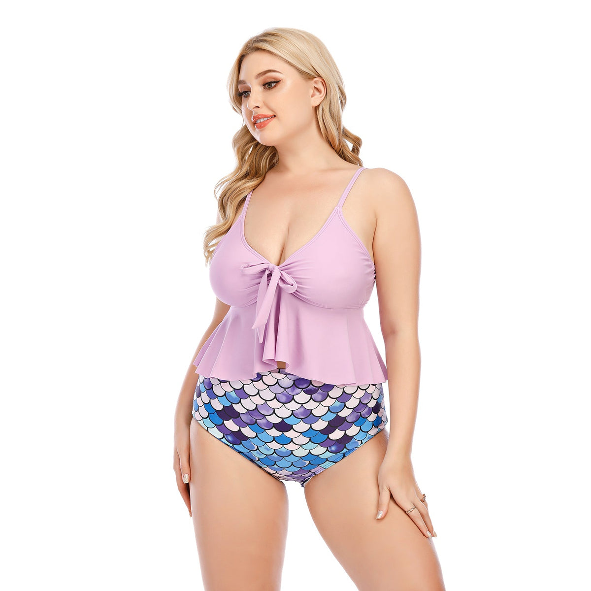 SiySiy Plus Size Low Cut Top Two Piece Swimsuit Fish Scale Pattern Bathing suit