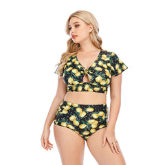 SiySiy Plus Size Two Piece Short Sleeve Swimsuit Green Fruit Pattern Swimsuit