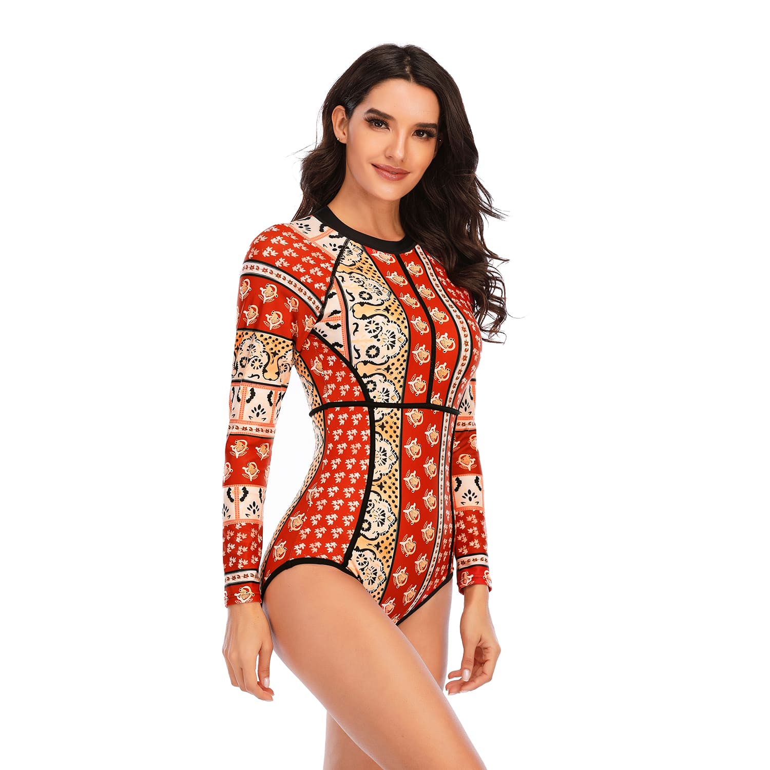 Long Sleeve Swimsuit Retro Printed One Piece Bathing Suit