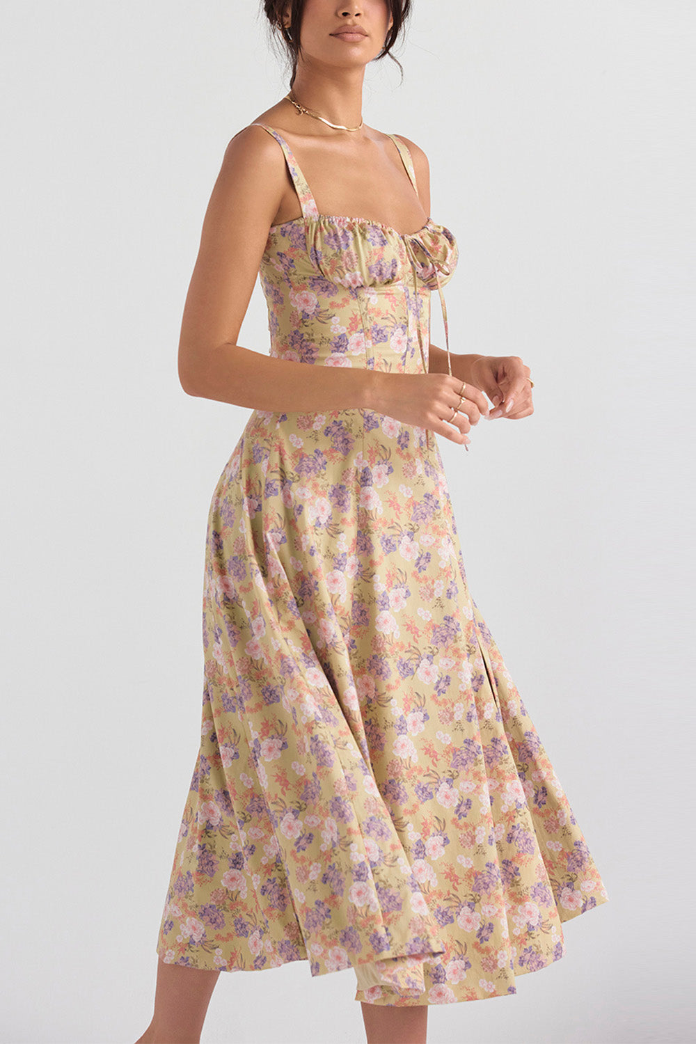 Floral Printed And Colorful Bustier Midi Sundress