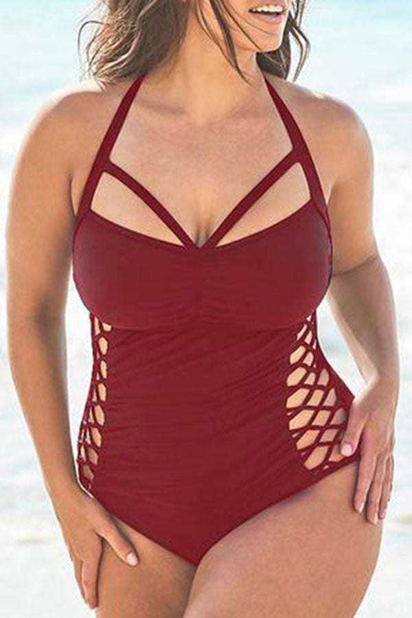 Solid Color Halter Collar Glamorous Cutout One Piece Swimwear