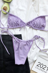 Lilac Gathered Edge Tie Front Triangle Bikini Top