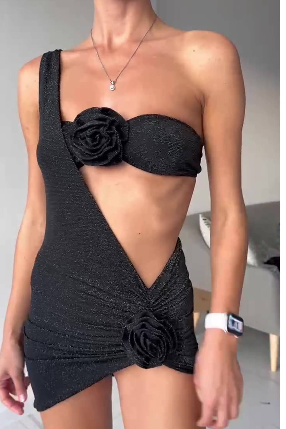 Shimmer Black Rose Applique Bandeau High Leg Bikini Set With Asymmetrical Sarong